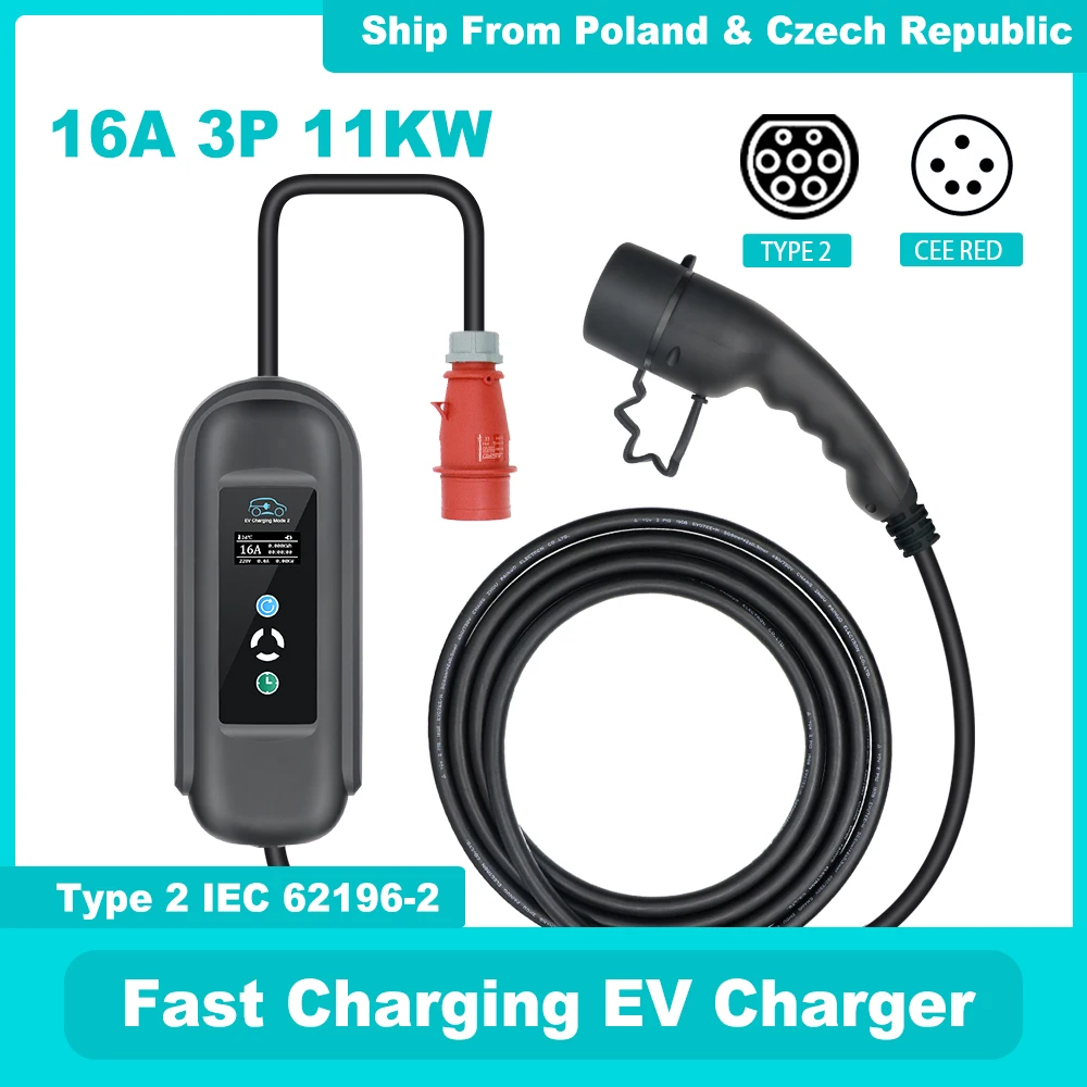 

Mobile EV Charger16A 11KW Type 2 Adjustable Current Wallbox For Electric Vehicle PHEV Cars Charging Home Total Length 3.5M