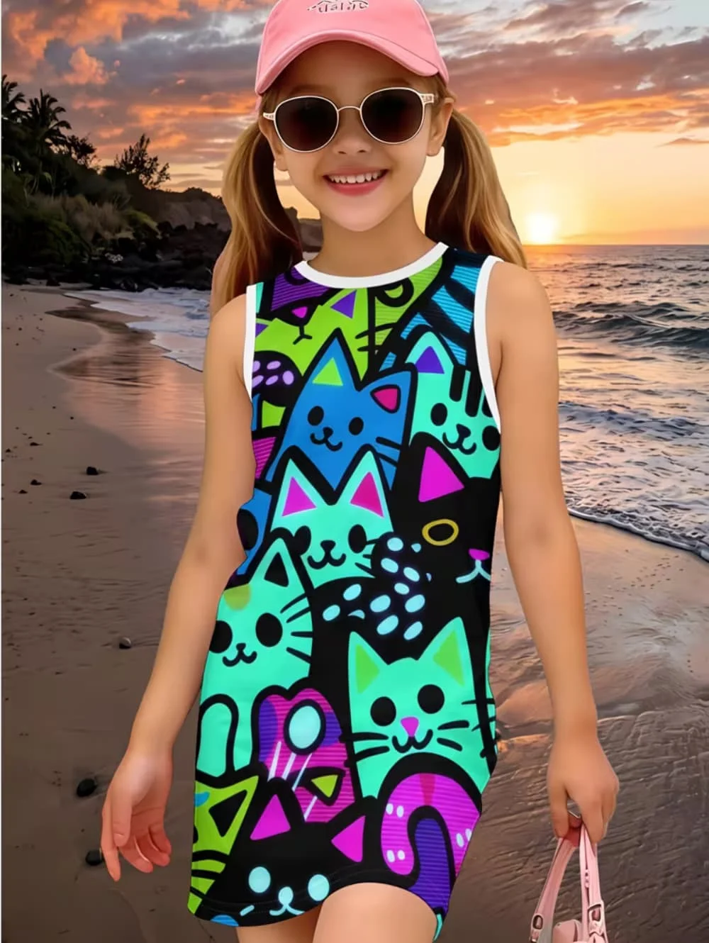 Girls Dress Colorful Graffiti Cat 3D Print Sleeveless Tank Dress Summer Fashion Loose A-Line Beach Holiday Casual Girls Outfits