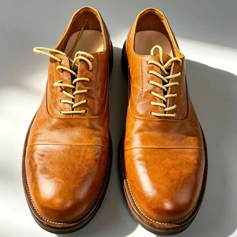Horsehide Derby Shoes Men's Genuine Leather Thick Soled Dress Business Work Retro Washed Handmade Oxford Leather Shoes Male