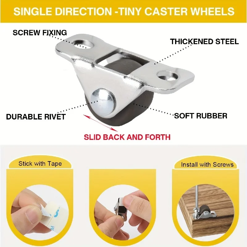 8pcs 0.5 Inch Directional Fixed Caster Wheel Self Adhesive Tiny Low Profile Mini Caster for Appliances,Furniture,DIY Storage Box