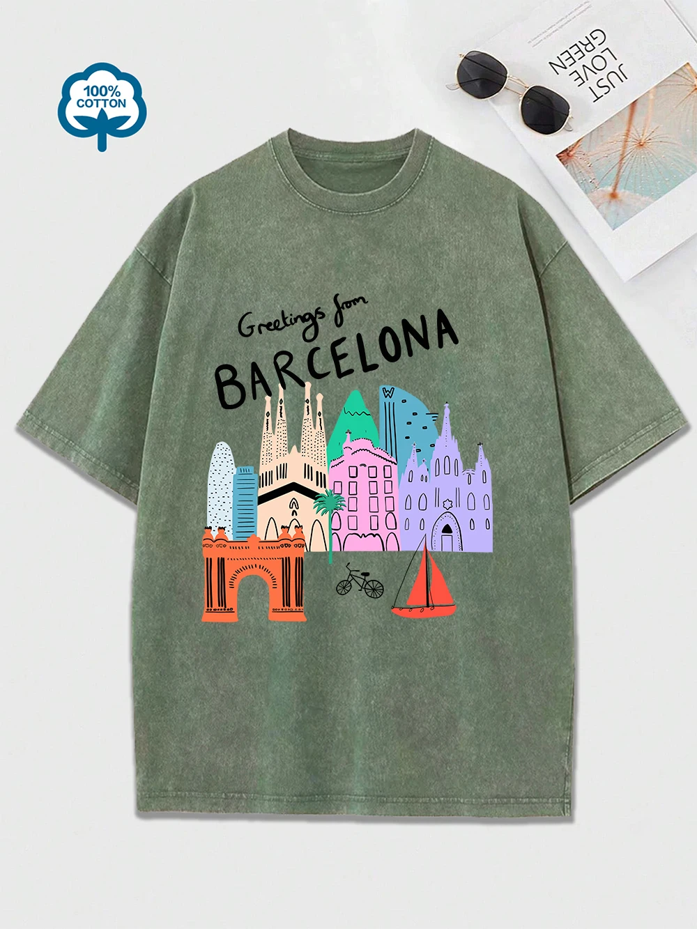 

Greetings From Barcelona Prints Washed T-Shirt Womens Cotton Oversized Tops Street Distressed O-Neck T Shirts Summer Clothes