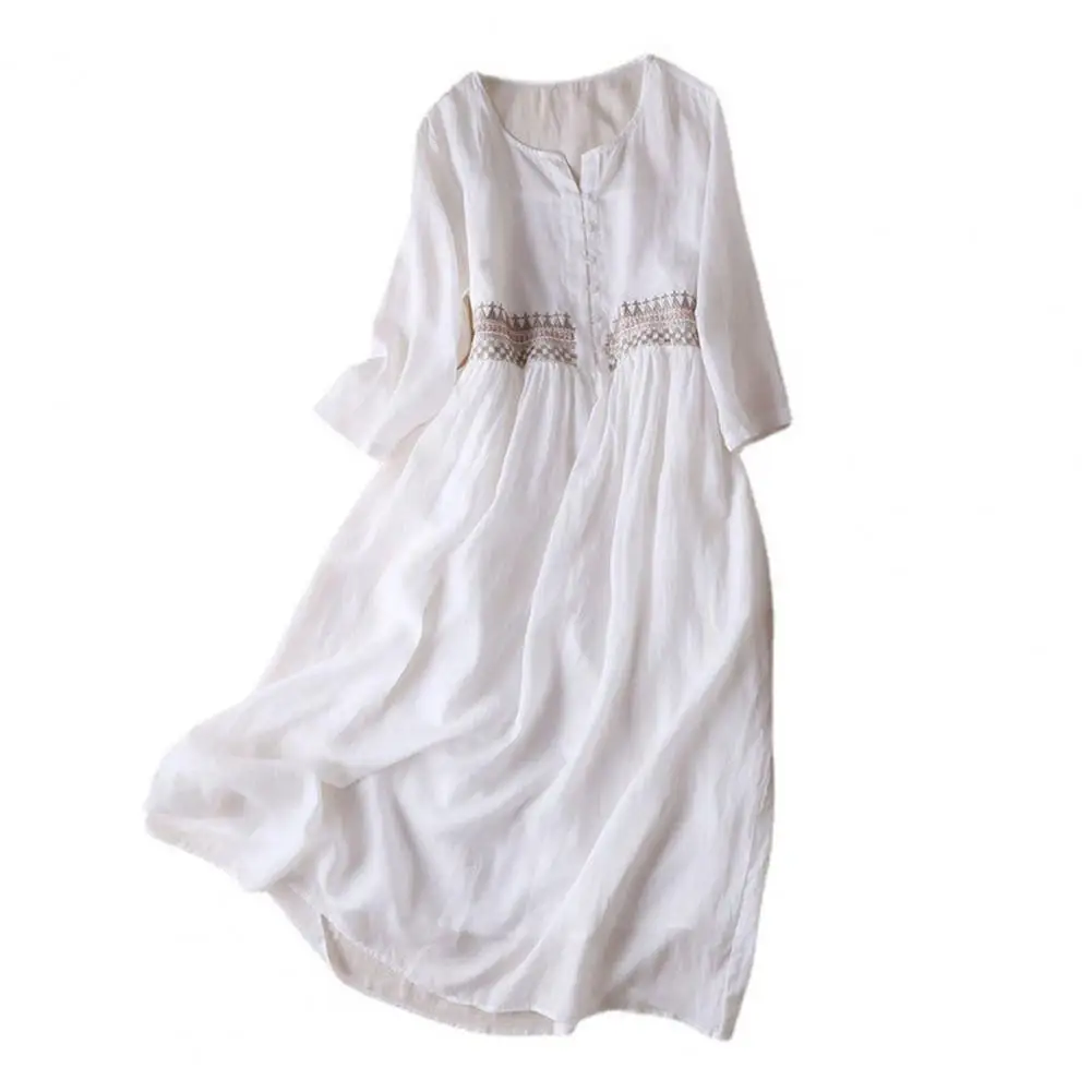 Cotton Casual Dress Loose Fit Summer Dress Ethnic Style Embroidered Midi Dress Women's High Waist A-line Long Sleeve Double