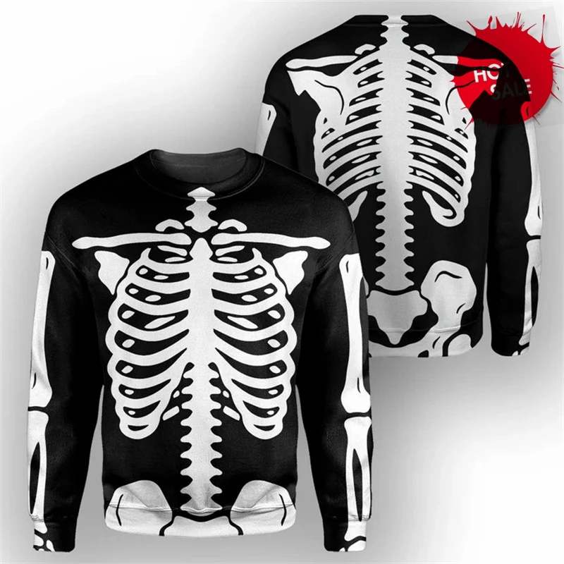 Men's Fashion Full Body Skull 3D Printed Sweater Retro Halloween Costume Simple Modern Street Running Fitness Sports Sweatshirts