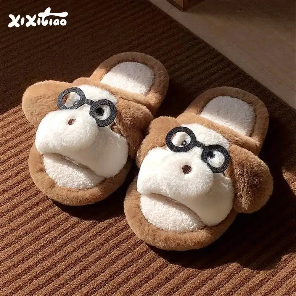 

2025 Autumn Winter Couple's Furry Dog Home Slippers Cute Puppy Design Unisex Warm One-Strap Cotton Indoor Household Slipper