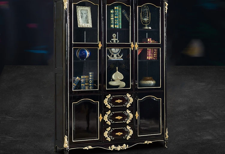 Libreria europea in legno massello porta in vetro con nastro color legno di sandalo nero Studio di lusso leggero americano tre porte quattro porte multi-