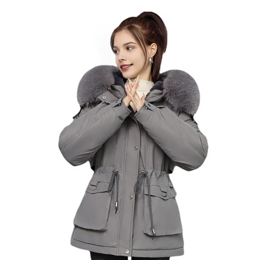 Сплошной цвет Верхняя одежда Стильное женское зимнее пальто с плюшевым меховым капюшоном на талии с завязками на талии Ветрозащитный дизайн средней длины для холода
