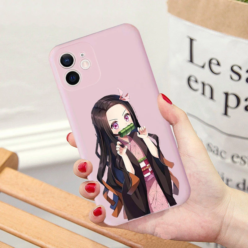 Cartoon Demon Slayer etui na telefony dla iPhone13 12 11pro XS MAX XR 7 8 6Plus śliczne Kamado Nezuko cukierki miękkie matowe tylna okładka Coque