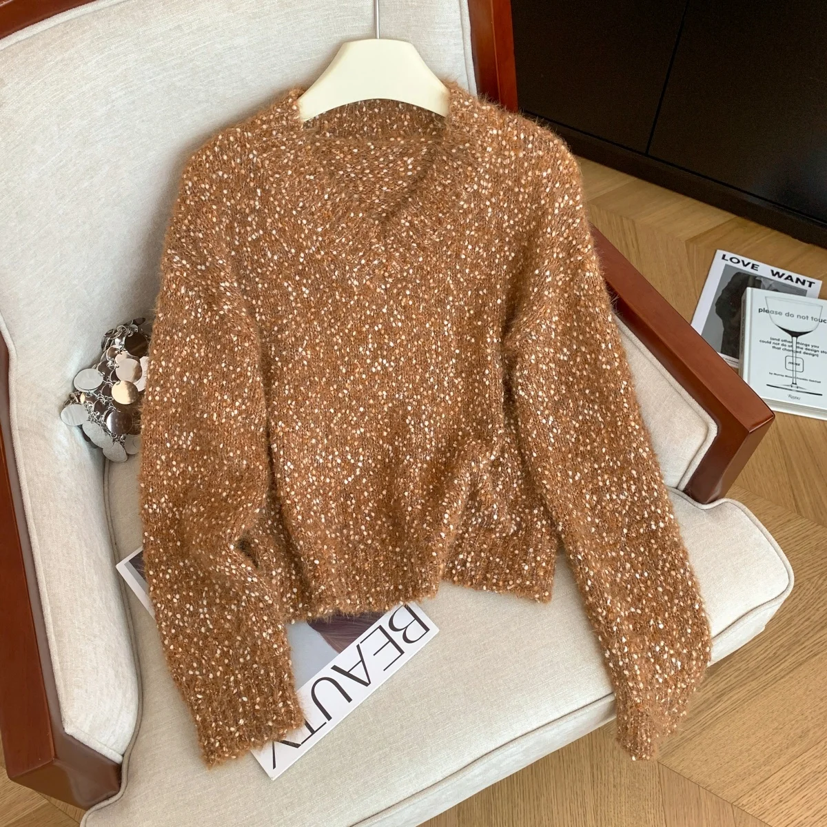 

Women's Orange Sequins Pullover Korean Sweater Vintage 2000s Y2k Jumper Knit Long Sleeves V-Neck Oversize Sweater Spring Autumn