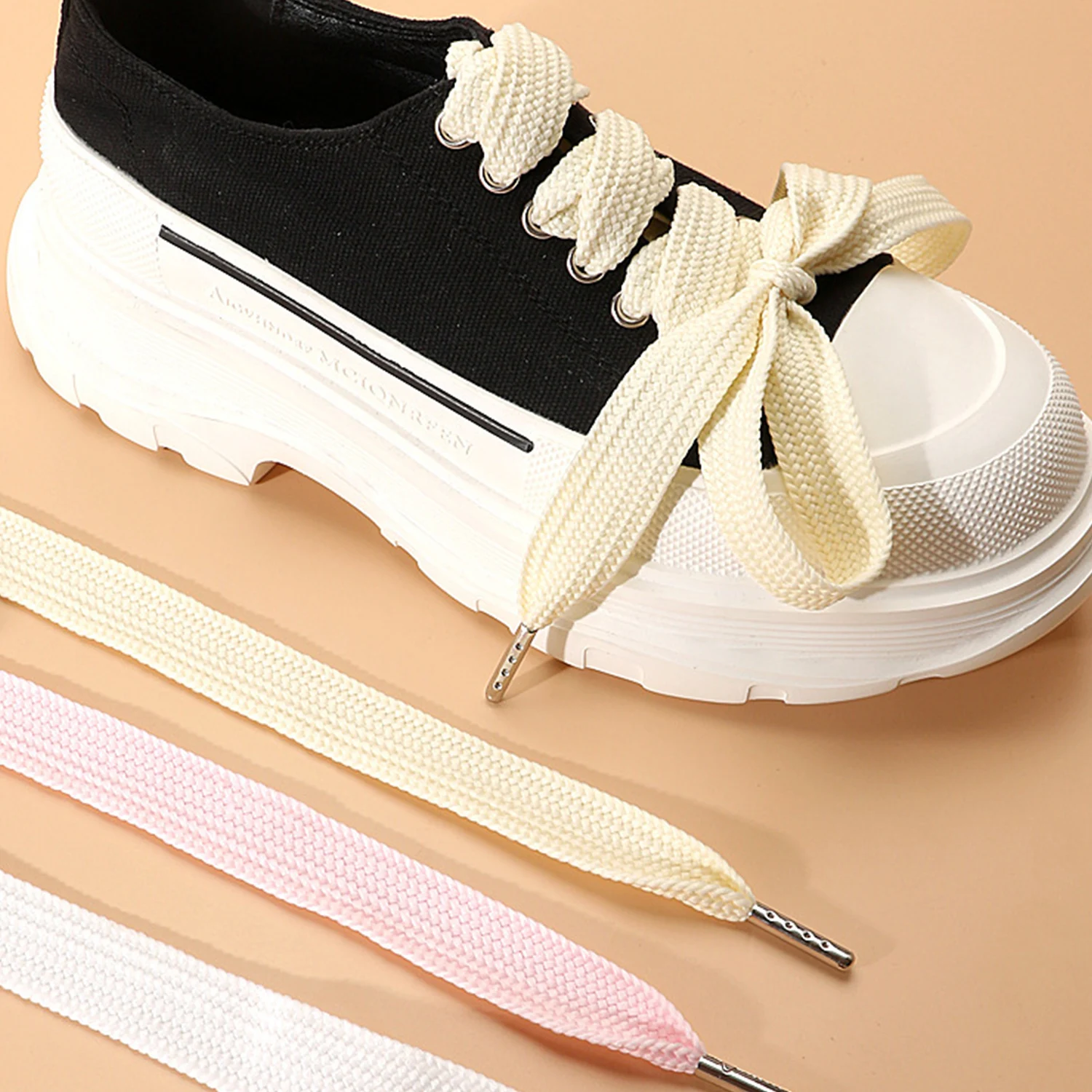 1 Pair Straps For Women's Shoes Cream White Men Sports Sneakers Casual Shoes Accessories Shoelaces 2.2CM Wide Shoe Laces