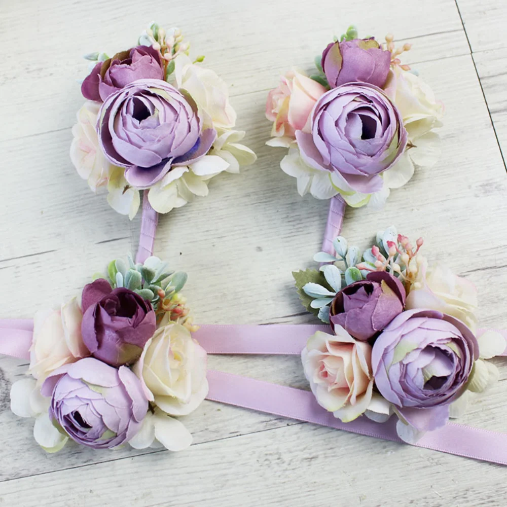 Women's Lilac Fake Flowers Wedding Boutonnieres for Bridal Silk Rose Pins Groomsmen damas de honor for Wedding Party Decor