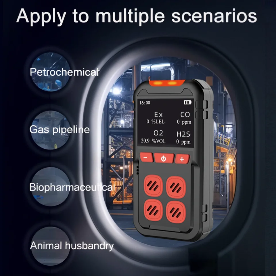 MS02 Detector de gas múltiple y monóxido, 4 monitores de gas, H2S, CO, LEL, O2, 3 tipos de alarmas, sensor de gas de alta gama, seguridad a prueba de explosiones