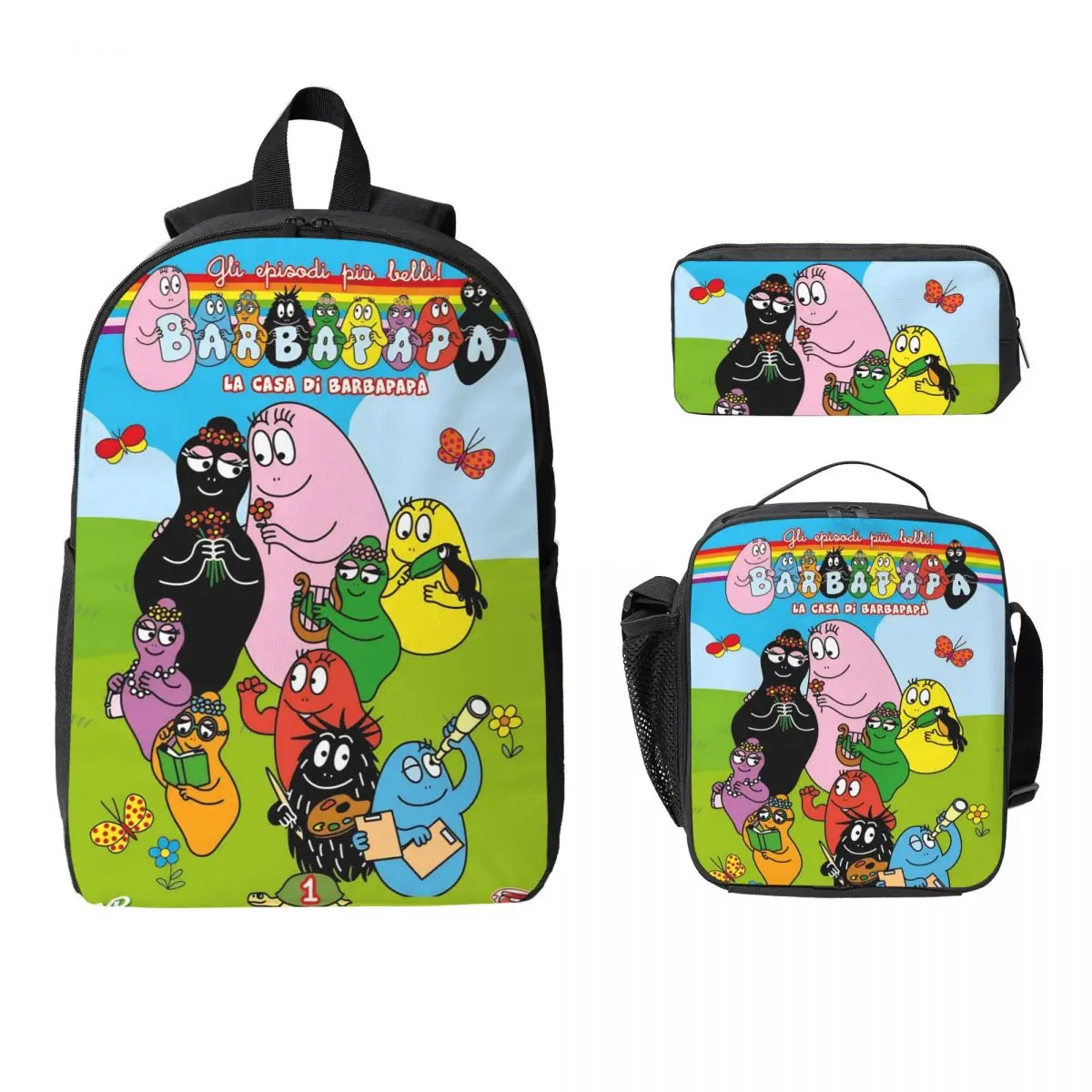 

3Pcs Kawaii Barbapapa Backpack Set for Girls Boys Pencil Boxes Bookbag Sets with Lunch Box For Primary School Students Daypack