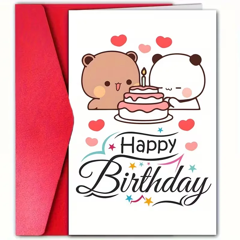 Kawaii Panda & Bären Paar Geburtstagskarte mit "Alles Gute zum Geburtstag", mit rosa Kuchen & Herzen, perfekt für Partner & Seelenverwandte