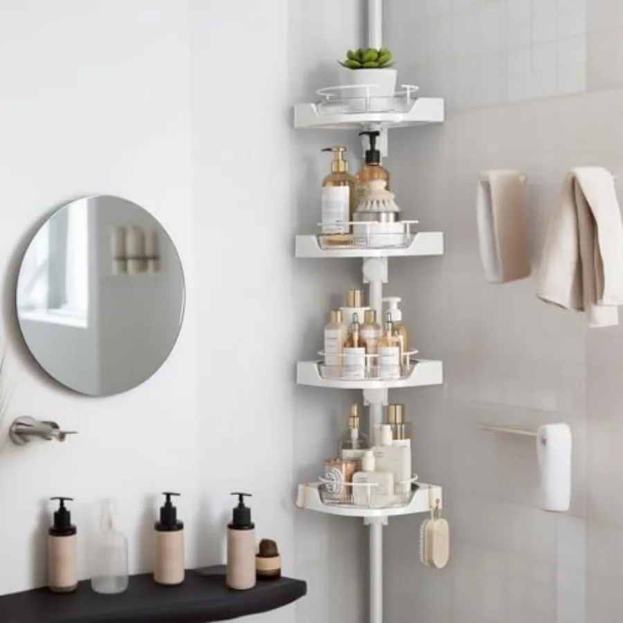 

360° Rotating Corner Shower Caddy Tension Pole Organizer - 4-Tier Adjustable Rustproof Metal Pole Plastic Shelves with Safety G