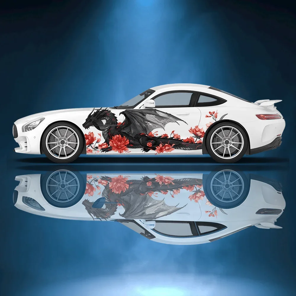 

Черный крылатый дракон цветок автомобиля боковая наклейка Декор, ПВХ водонепроницаемая устойчивая к царапинам наклейка, защита автомобиля, автоаксессуары в подарок