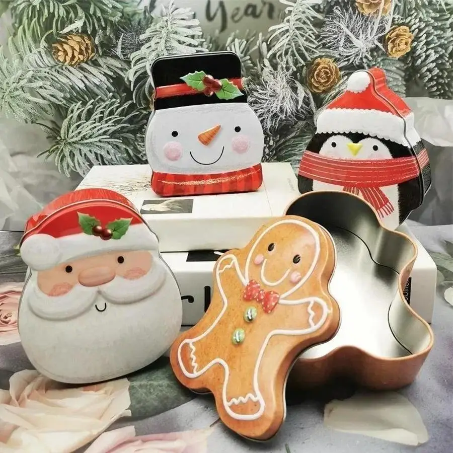 Christmas Gingerbread Man Candy Tin Box Metal Gift Container For Treats Cookies Xmas Holiday Party New Year Packaging Decor