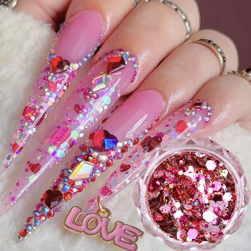 Laser Love Heart Stars Holographic Nail Sequins Pink Silver Sparkle Nails Glitter Flakes 3D Nail Art Decorations Accessories