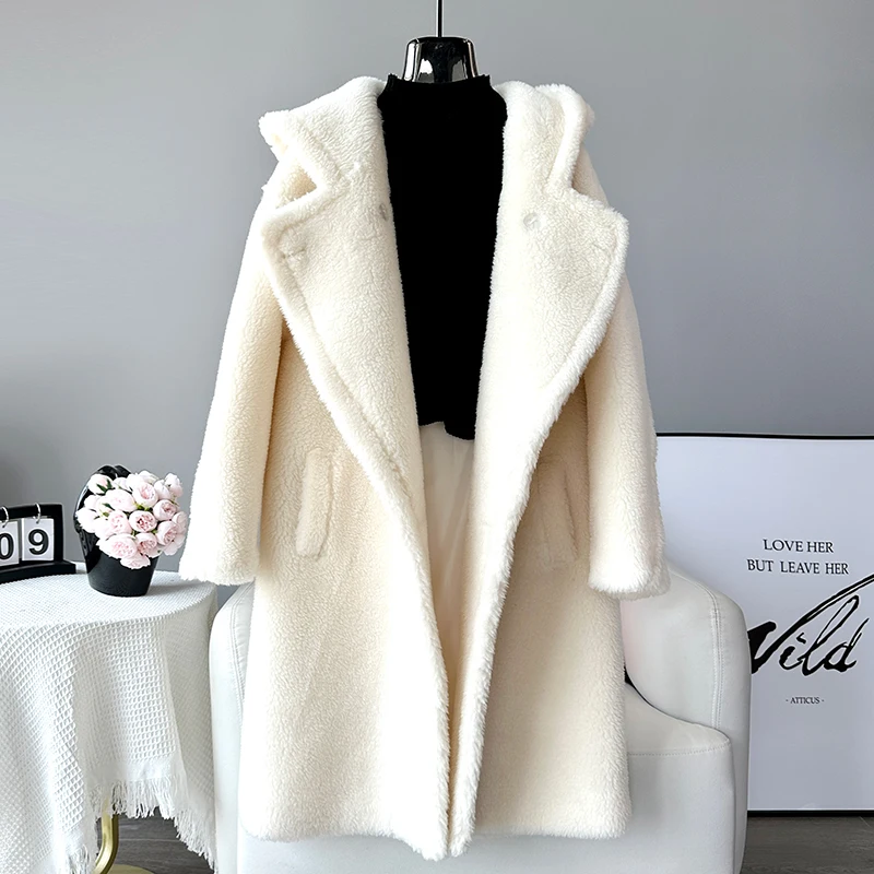 Women Real Wool Warm Teddy Fashion Coat Female Sheep Shearling Winter Long Hooded Jacket Parka JT3399