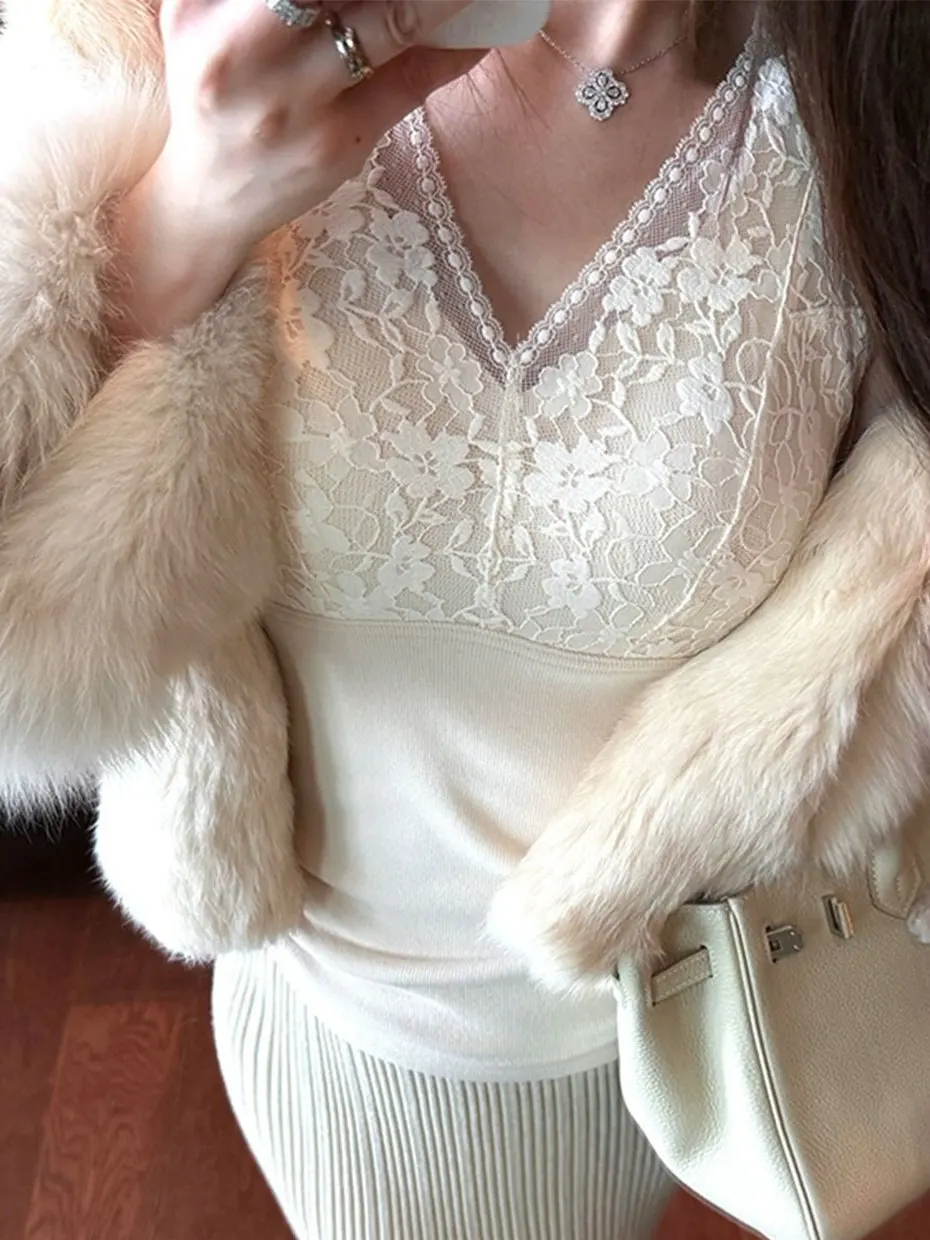 Women's Fleece Lined Lace Vest Thick Warm Camisole with Chest Pad Beautiful Back Underwear Inner Wear Integrated Velvet Top