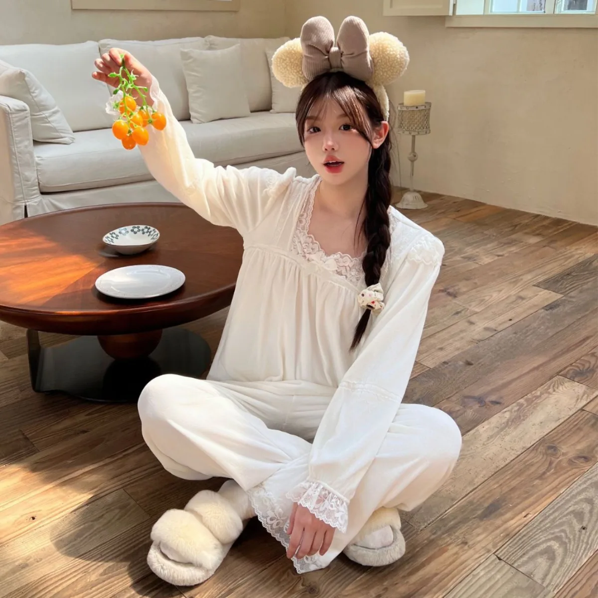 

Velvet Women Pajamas Set Winter Autumn Square Collar Pullover Pants Sleepwear Warm Velour Nightwear Home Clothes Loungewear