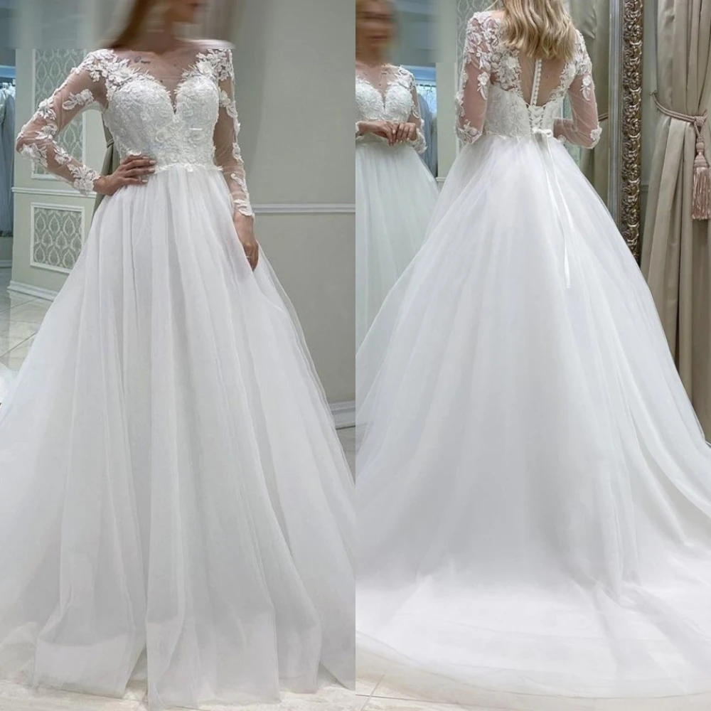 

Customized Charming Sweetheart Long Sleeves Wedding Dress Classic A-Line Vestido De Novia Elegant White Tulle 2025 Bridal Gowns