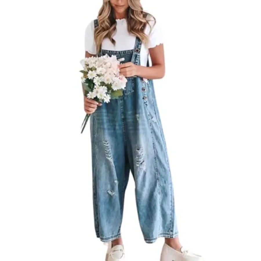 

chouyatou Women Loose Adjustable Strap Denim Bib Overall Jeans Distressed Wide Leg Baggy Overalls Jumpsuit