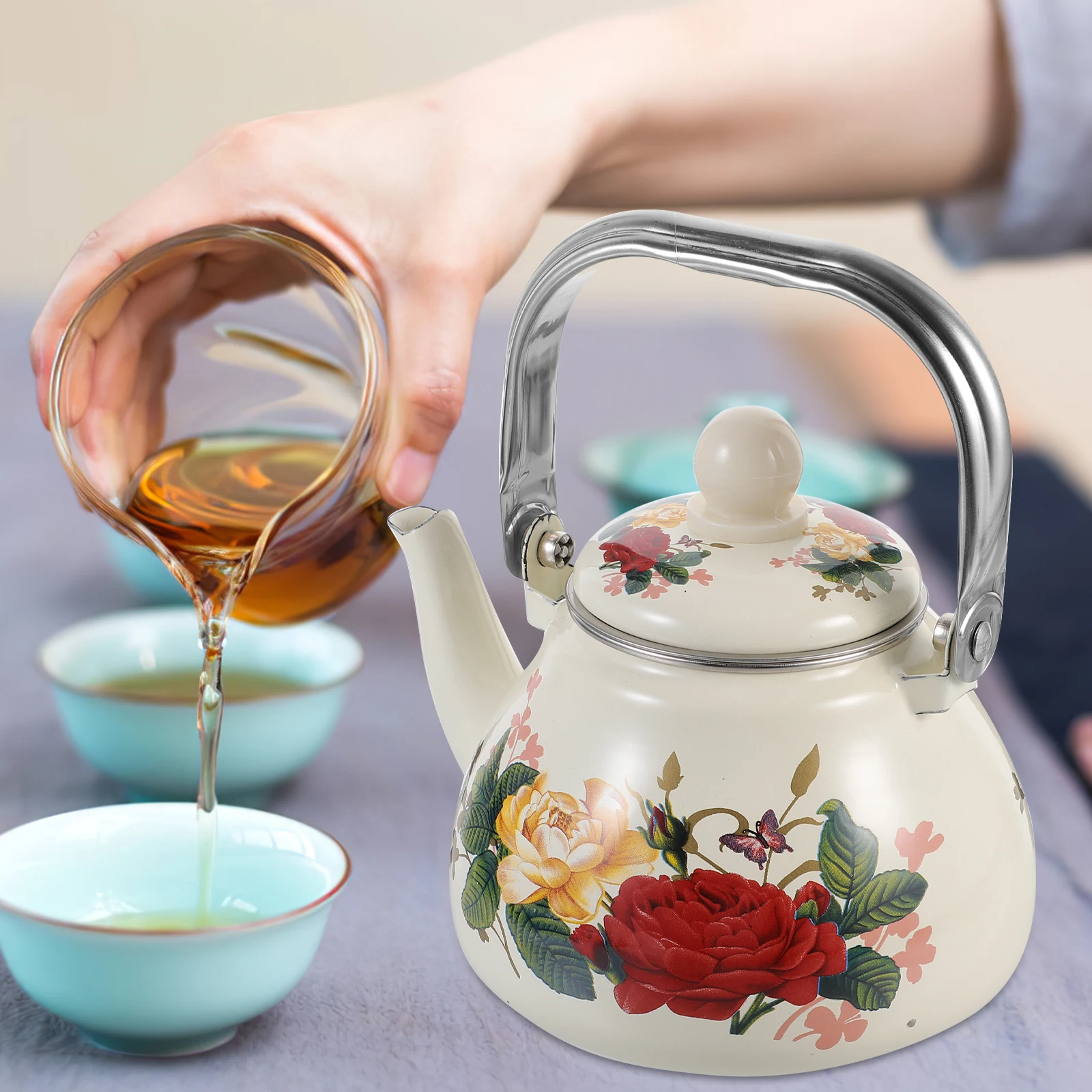 

Enamel Tea Kettle Vintage Enameled Coffee Pot Camellia Water Stovetop Teapot Large Floral