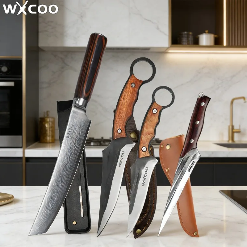 WXCOO Damaszener Stahl Küchenmesser-Set Fleischbeil Ausbeinmesser BBQ-Schneider Kochmesser Handgeschmiedetes Scharfes Metzgermesser mit Scheide
