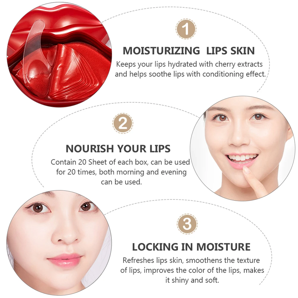 20 Stück Gel-Maske, Kirschextrakt, feuchtigkeitsspendend, beruhigend, nicht gewebt, Anti-Werkzeugmasken, Lippenpolster, Schlafmaske, Lippenbalsam