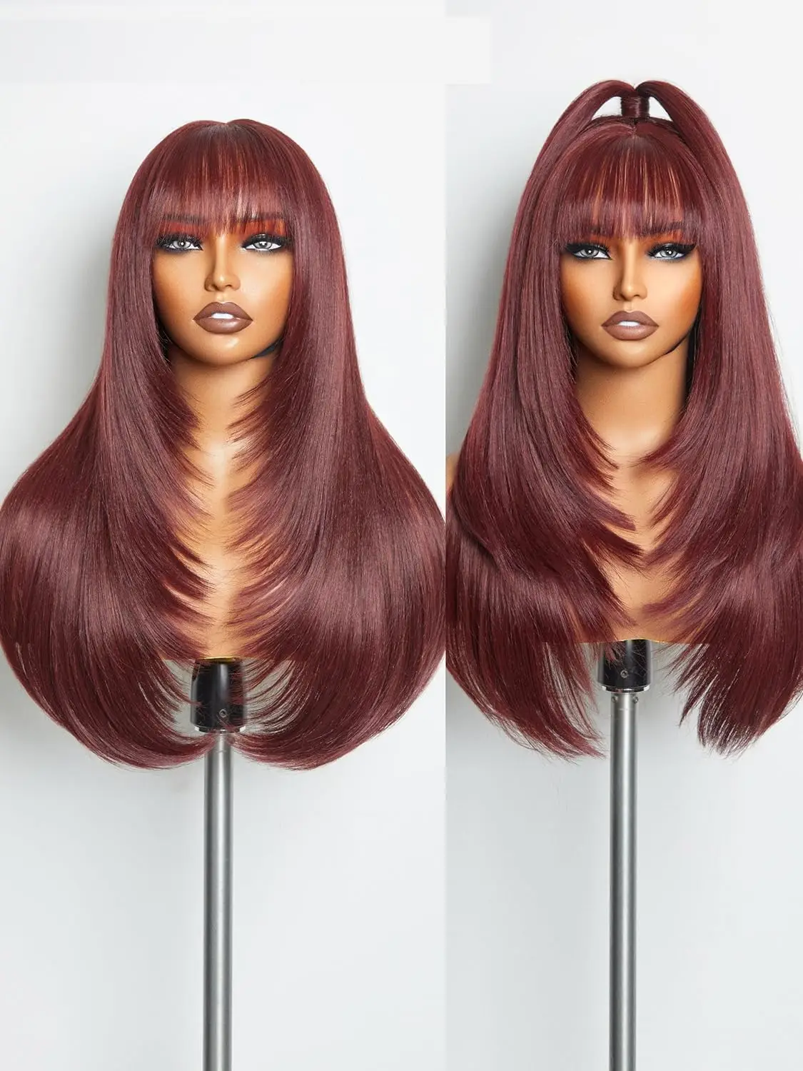 

22-Inch Layered Long Straight Hair, Burgundy Color with Bangs, Synthetic Wig, Suitable for Daily Use and Parties