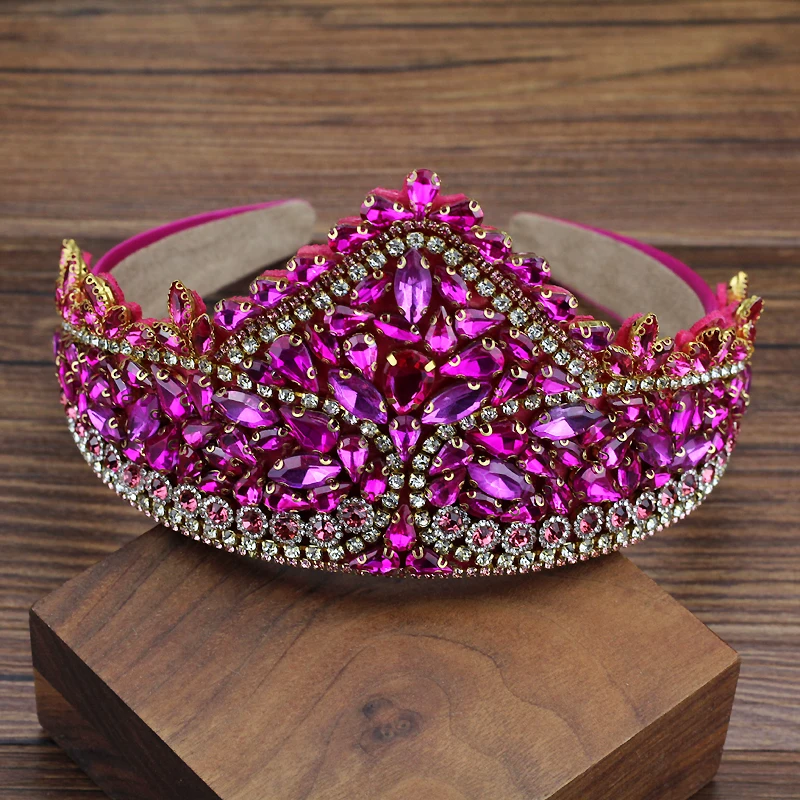 Handmade Women Hair Accessories Hot Pink Blue Crystal Queen Tiara Headbands Princess Baroque Crown Hairbands For Girls Wedding