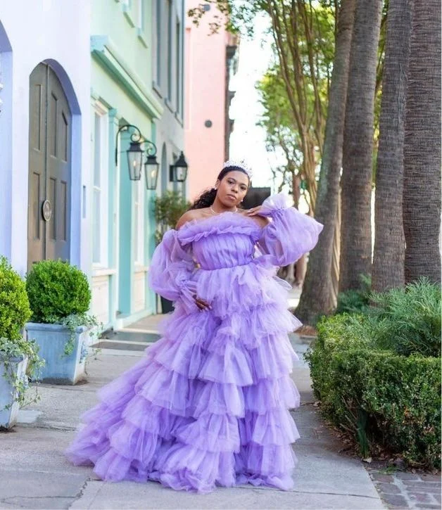 Wunderschöne lavendelfarbene schulterfreie Ballkleider mit langen Puffärmeln, Korea, abgestufte Abendkleider, Korsett, formelles Damenkleid