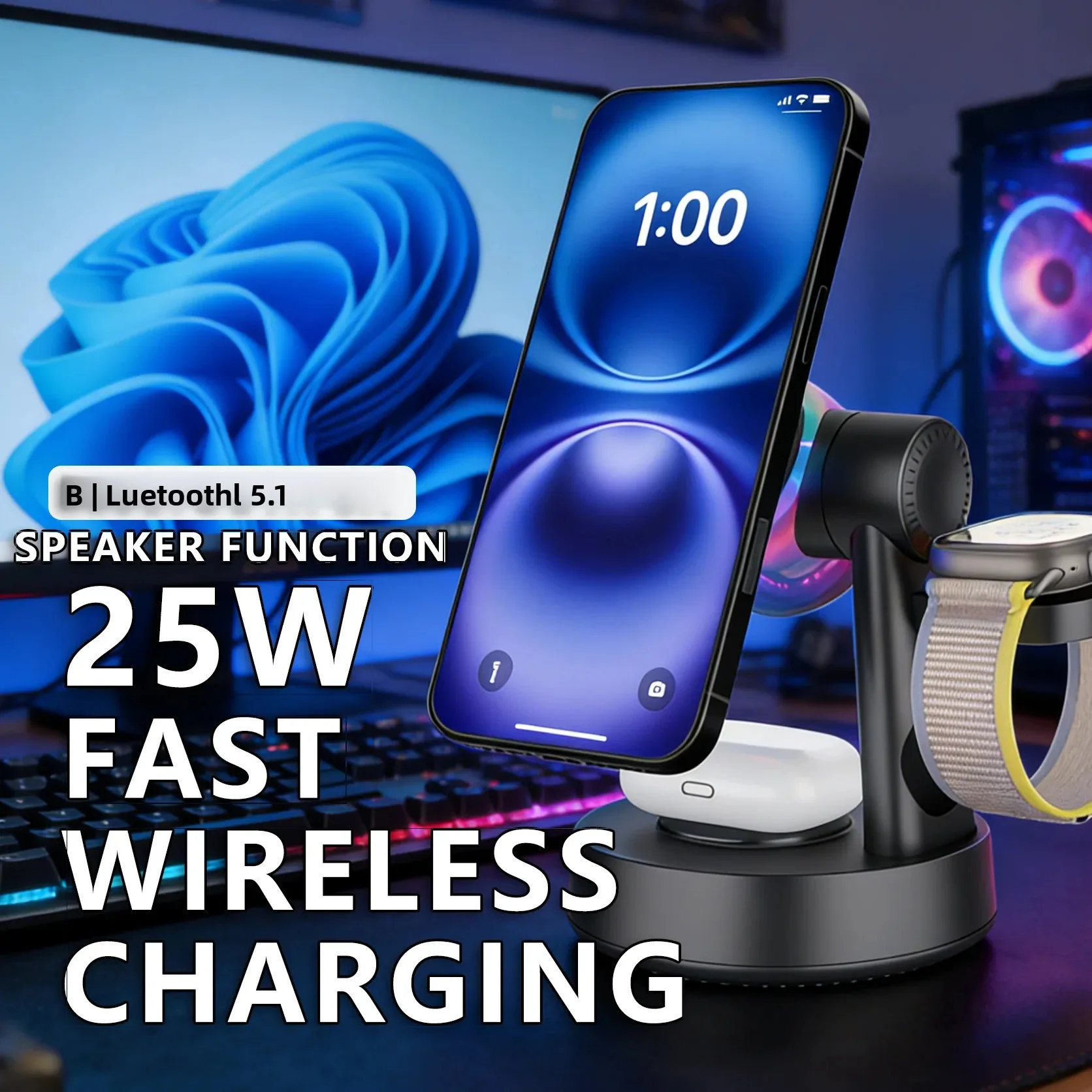 Multifunction RGB Light Bluetooth Speaker 25W Qi2.2 Wireless Charger Stand For iPhone17 16 15 14 PRO MAX For Apple Watch Airpods