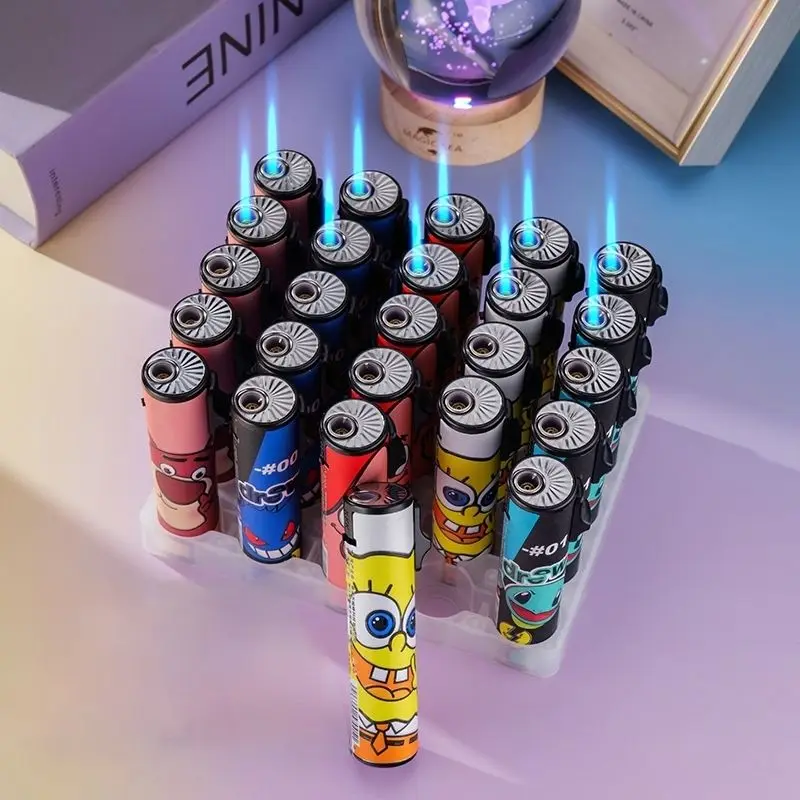Nuevo encendedor de inflado directo de dibujos animados, pegatina de moda, encendedor de butano de cara azul a prueba de viento, accesorios para cigarrillos