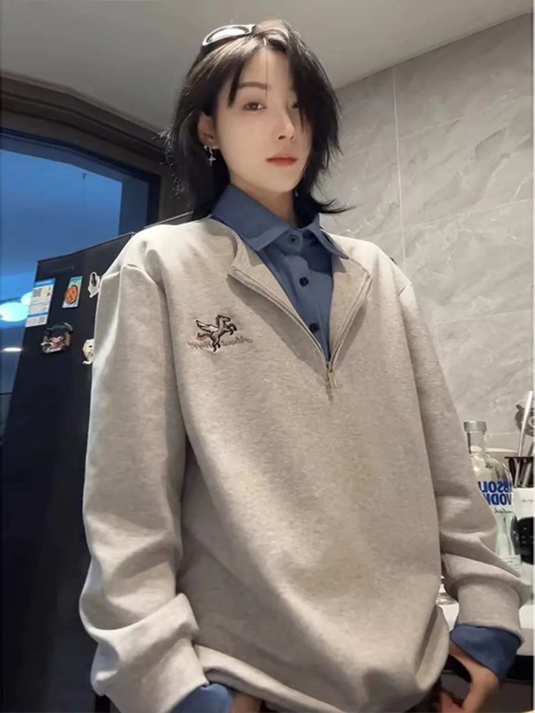 

Embroidered f Zip Sweatirt Men's Casual Long Sve irt Collar Inner Wear Spring American Sle Fake Two-Piece T-irt