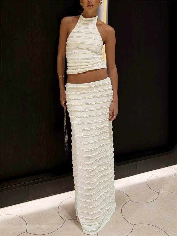 

Summer Black Casual 2 Piece-Set Long Skirt Female Sleeveless Backless Cropped Top And High Waist Solid Maxi Skirt Outfits