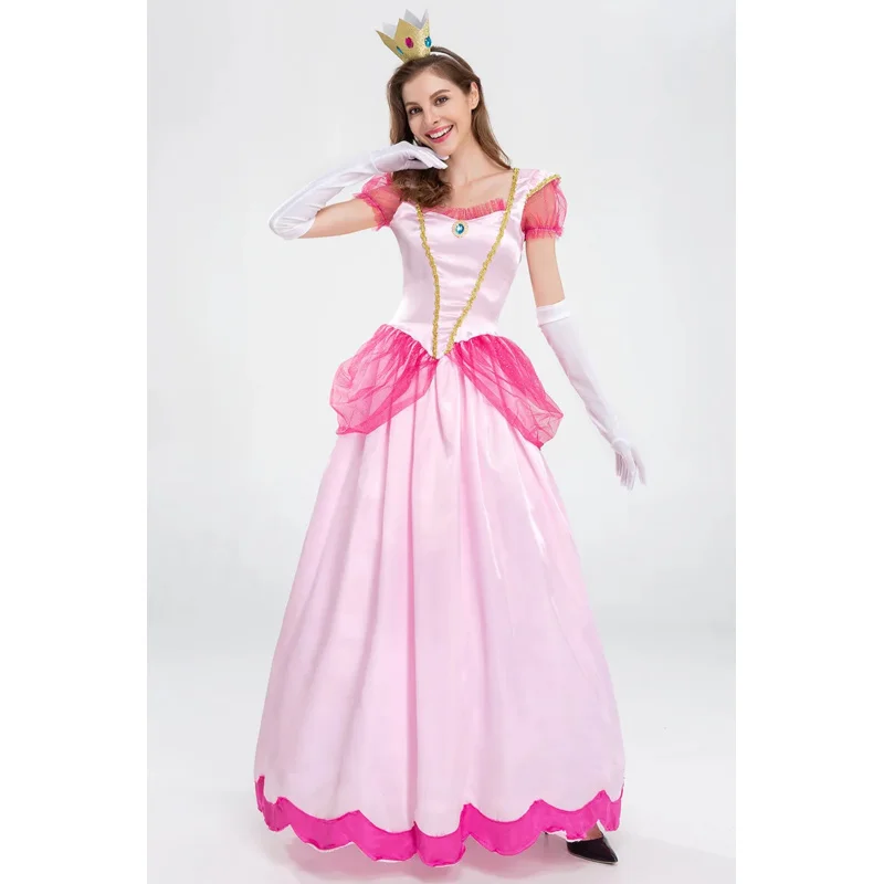 Adult Princess Peach Costume Women Cosplay Party Halloween Masquerade Dress Up Clothing for Women Pink Fancy Dress