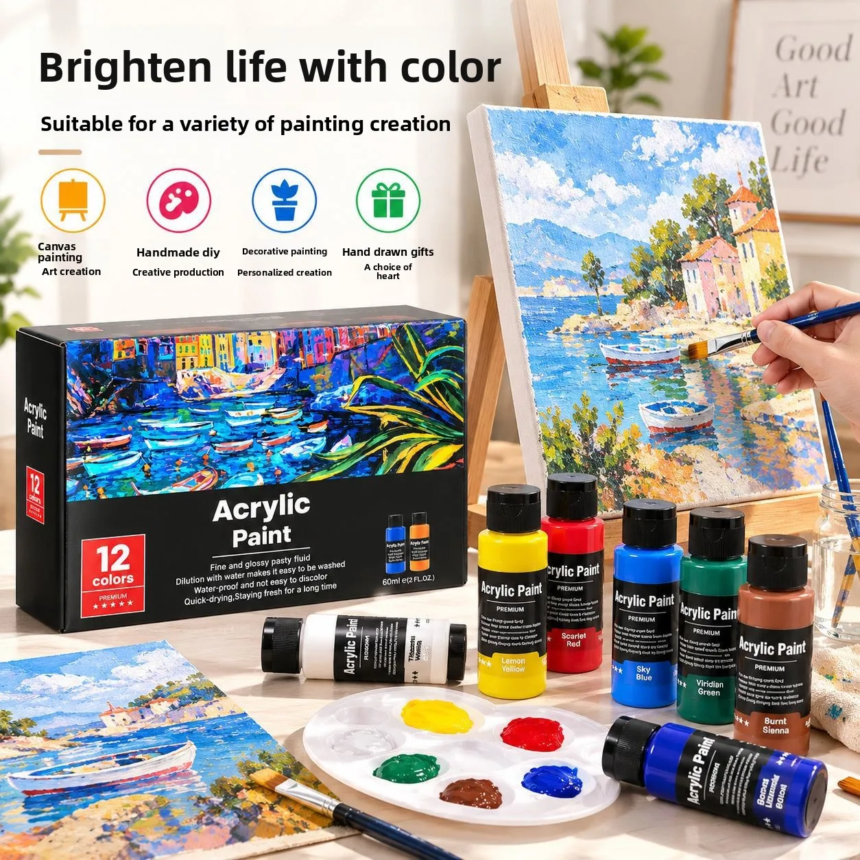 12 Colors 60ml Acrylic Paint Set Rich Pigment Waterproof Art Painting Kit for Canvas Wood Stone Glass DIY Craft Student Kids