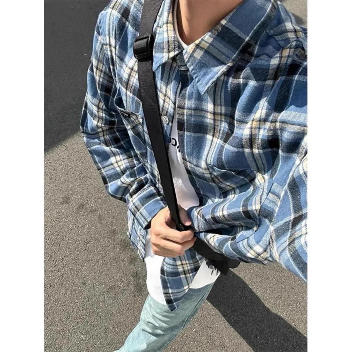 

Мужская повседневная удобная свободная посадка Long Sve Plaid irt для больших размеров 250, осень-зима, синяя