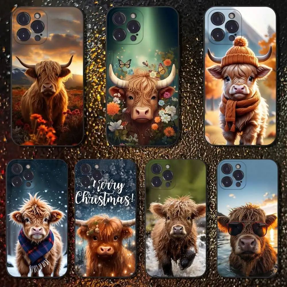 

Cute Highland Cow Phone Case For iPhone 16,15,14,13,12,11 Plus,Pro Max,XS,X,XR,SE,Mini,8,7,Soft Silicone Black Cover