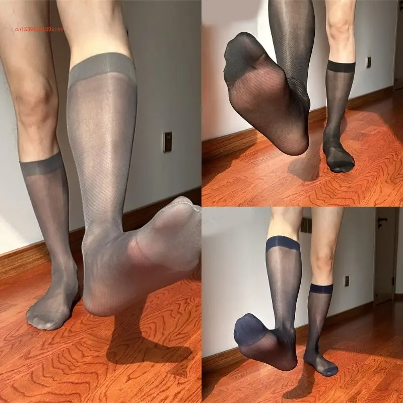 Men's Middle Calf Business Socks with Twill Pattern See Through Thin Nylon Dress Socks Stockings for Formal Occasion