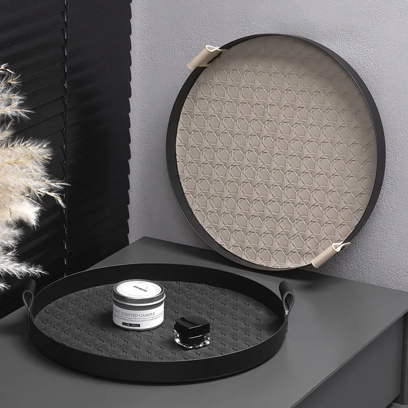 

Nordic ins woven sticky leather round tray tea table ornament decorative storage tray countertop perfume sundries storage tray
