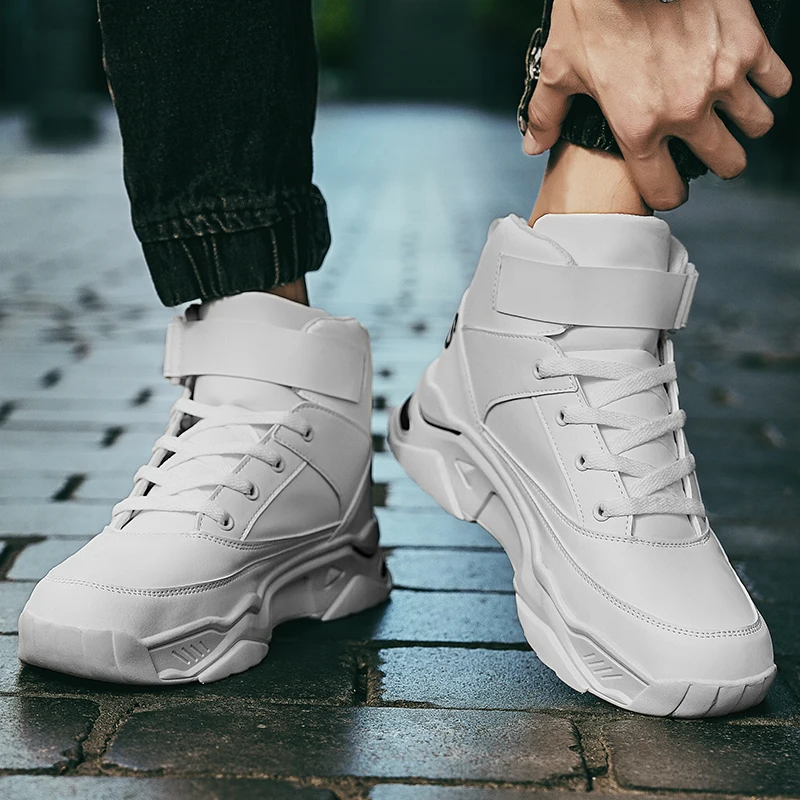 Thick-soled High-top Shoes for Men 2024 Winter New Breathable White Shoes Versatile Mid-top Buckle Dad Shoes with Inner Heightening Shoes for Men