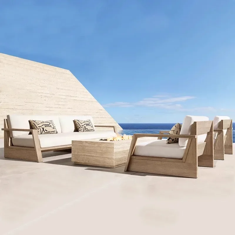 Outdoor sofa old anti-corrosion teak combination outdoor courtyard terrace garden leisure solid wood waterproof and sunscreen