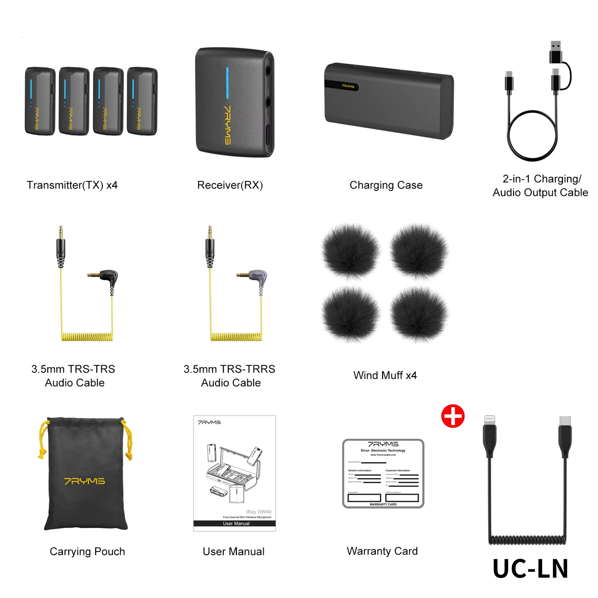 7Ryms IRay DW40 draadloze lavaliermicrofoon met 4 zenders, 48 kHz/24 bit opname, AI Denoise voor camera, smartphone en pc
