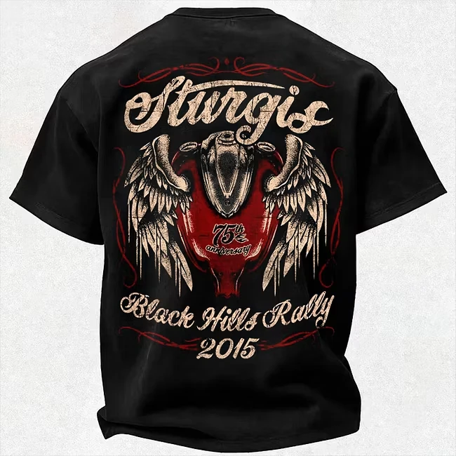2026 Now Vintage Biker Tee Men’s Sturgis Black Hills Rally 75th Anniversary Headlight Angel Wings Printed O‑Neck Short‑SleeveTop