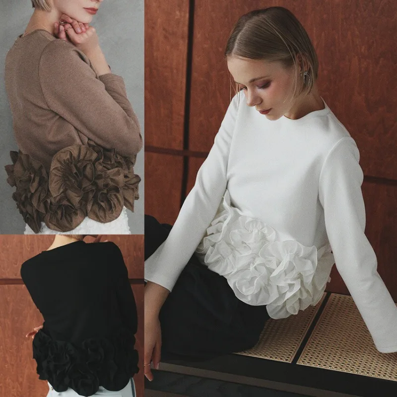 

Spring Autumn New Korean Style Ruffles Patchwork Hem Long Sleeved Hoodie Women's Casual Street Style Solid Color Sweatshirt Tops