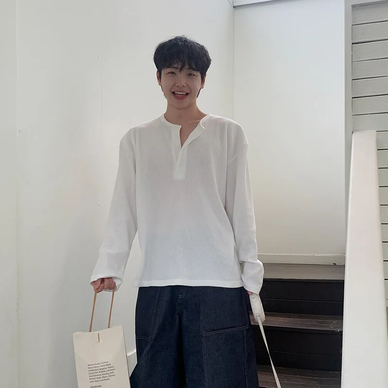 Man Base Layer Knitting  T-shirt 2026 New Spring Men's Henley Neck Long Sleeve T Shirt Vertical Striped Loose Casual Tops