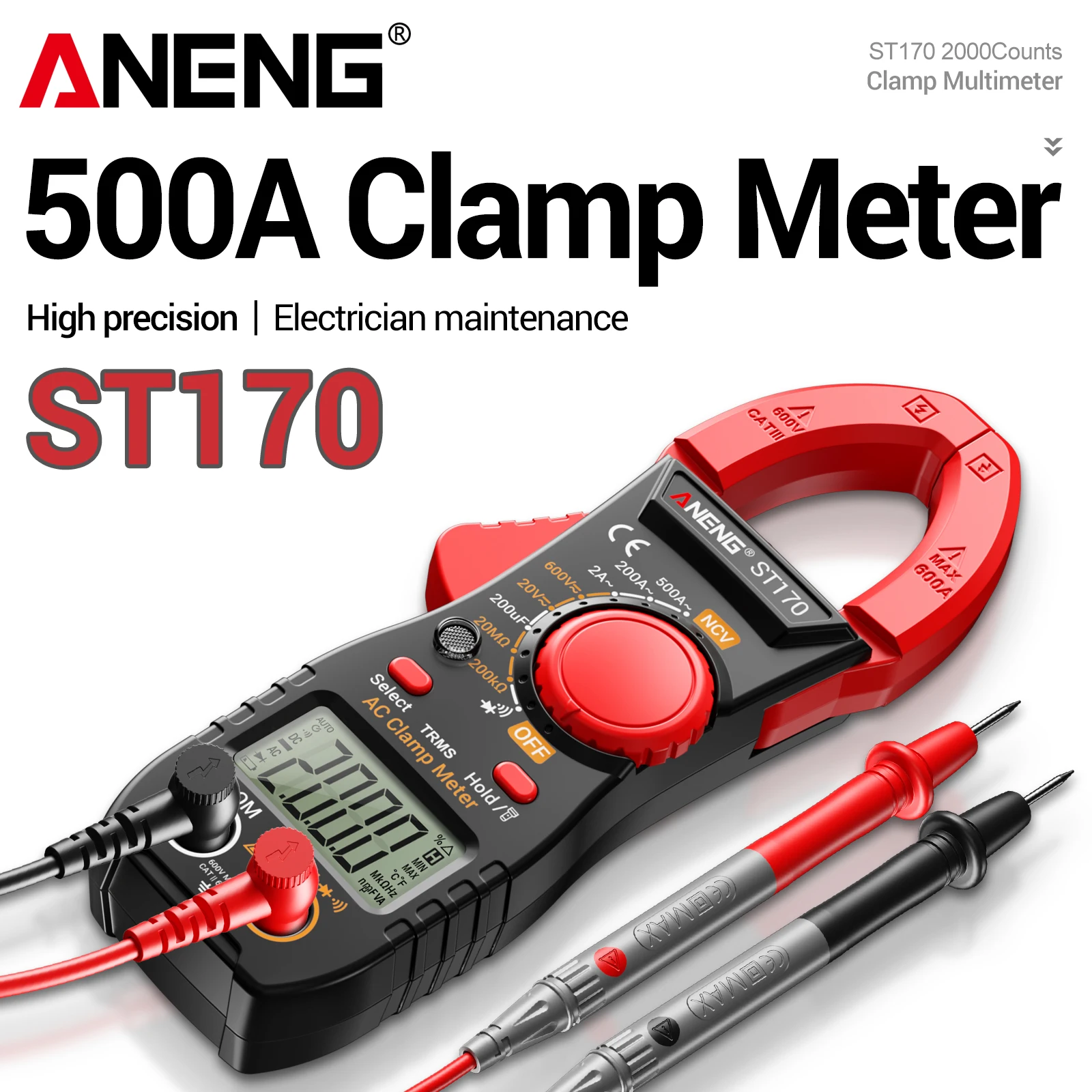 ANENG ST170 Digitales Zangenmessgerät 2000 Zähler 500A AC AC DC 600V NCV Taschenlampe Datenhaltefunktion Auto-Abschaltung Elektriker-Reparaturtester