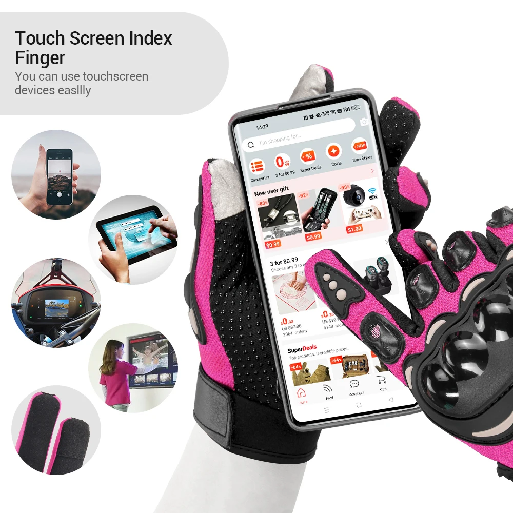 Motorcycle Glove Men Women Touch Screen Summer Cycling Racing Full Finger Motorbike Bicycle Motocross Pink Gloves